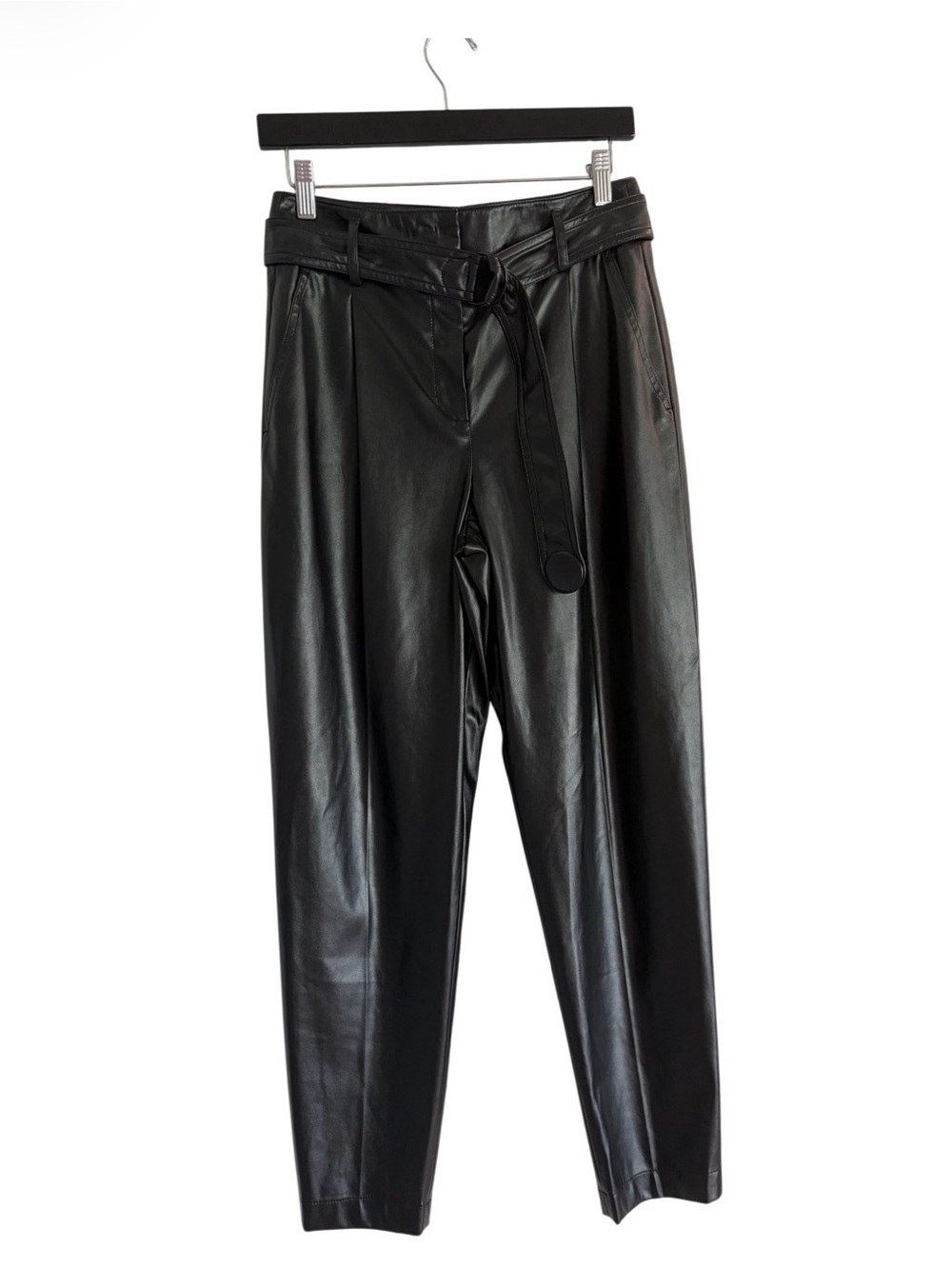 Akris Punto Fred Belted Vegan Leather Ankle Pants Size 4 Black Pockets